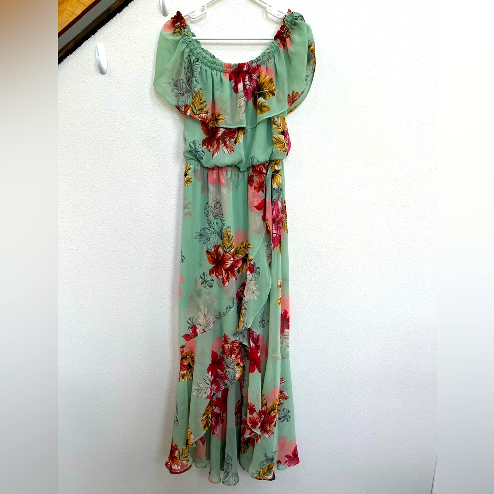 Express Sheer Mint Tropical/Floral Scoop Off The Shoulder Layered Maxi Dress
